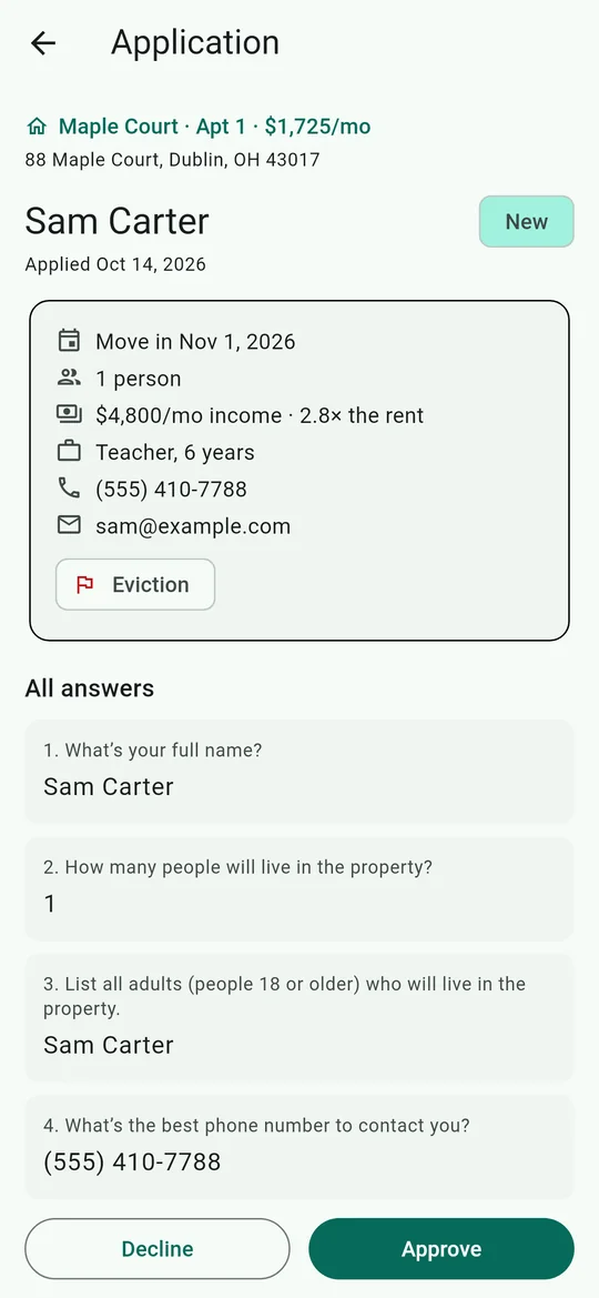 An application with the applicant's answers and signals