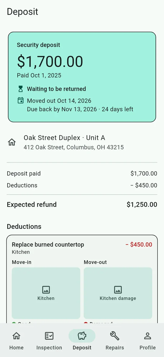 A renter's security deposit with a deduction and before and after photos