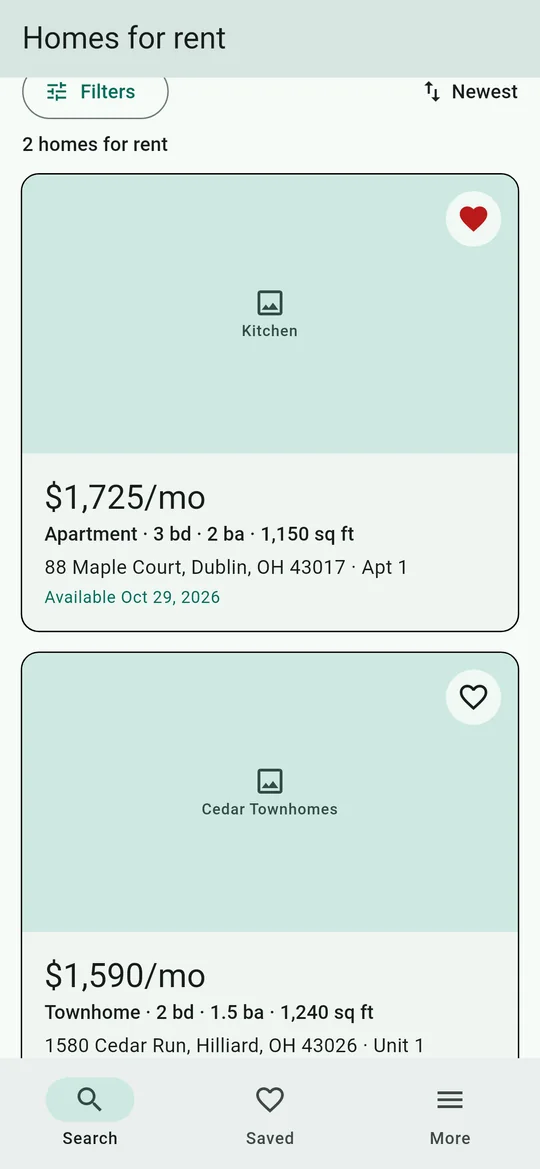 Homes filtered by type, with saved hearts