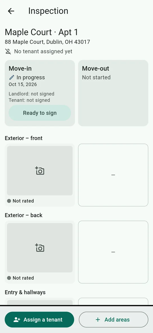 The LandlordFit inspection screen with move-in and move-out side by side