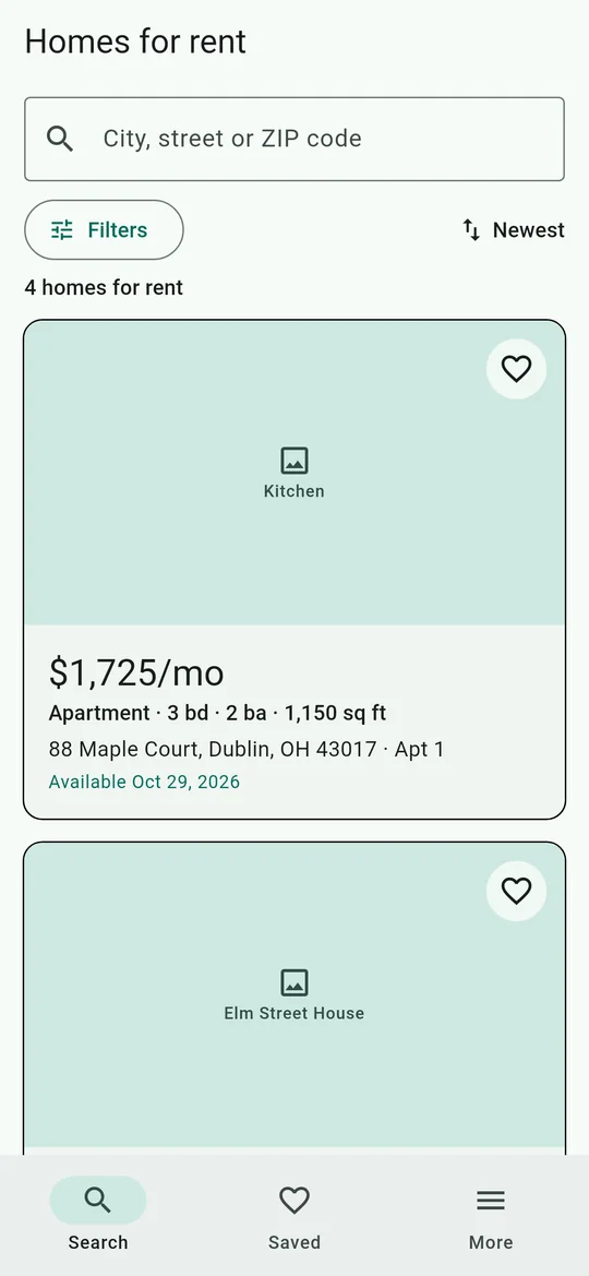 Homes for rent in the LandlordFit app, with search and filters